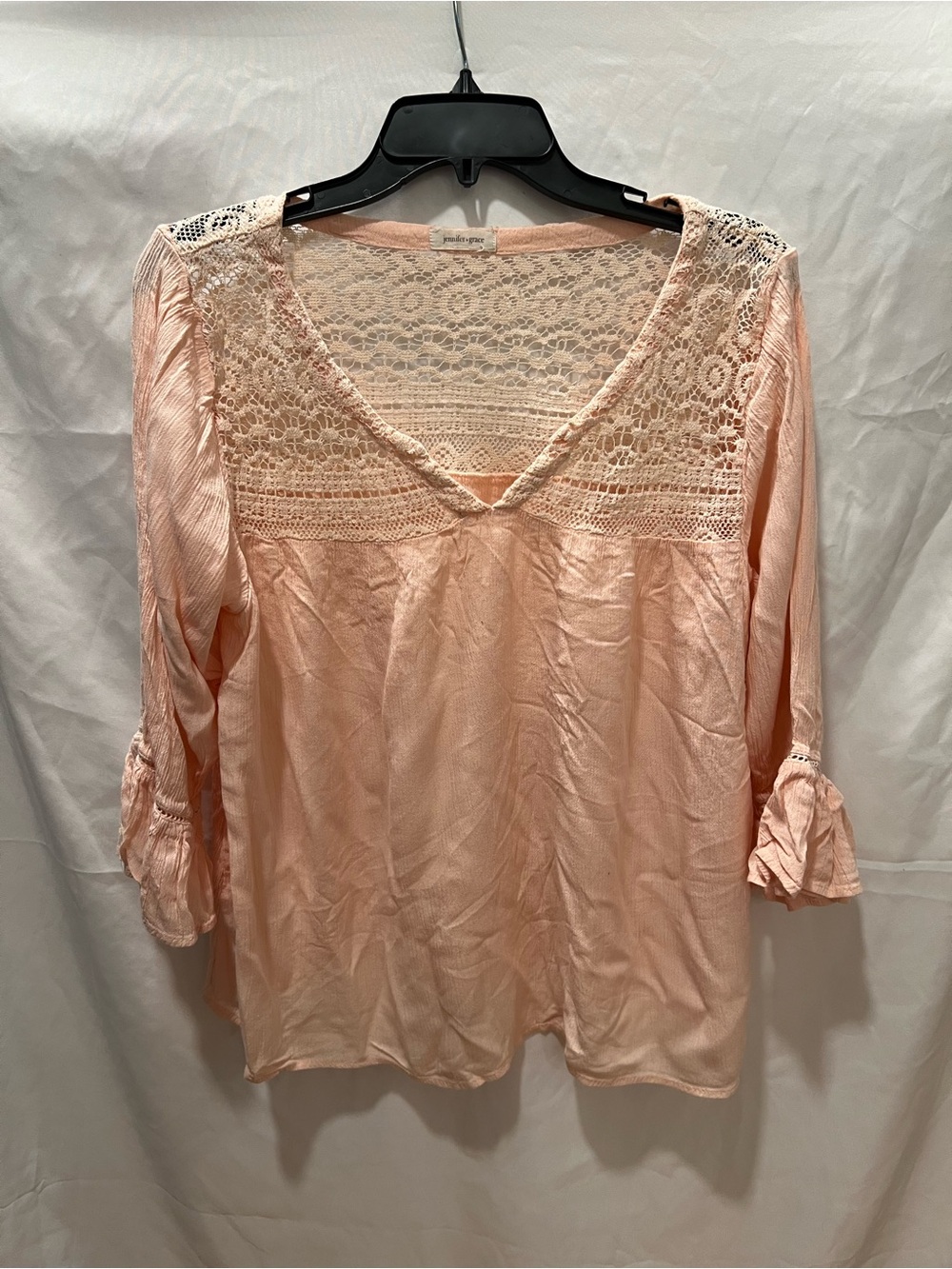 V-Neck Lace Yoke Blouse in Soft Peach